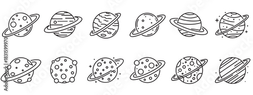 Collection of twelve planet icons with rings and craters drawn in a simple black and white line art style, representing various celestial bodies in a minimalist design