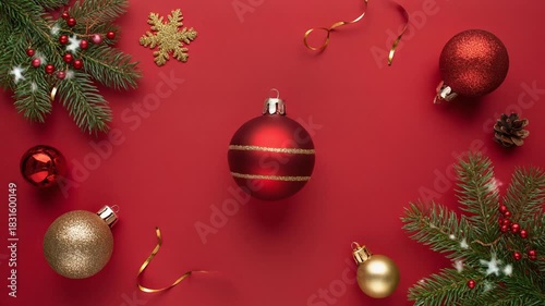 Christmas greeting card design with holiday decoration on red background.
