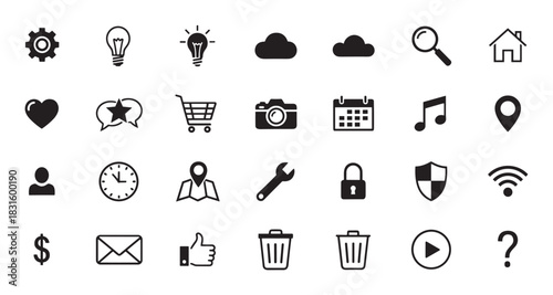 Large collection of black glyph icons for web and mobile user interface design, including symbols for settings, home, search, shopping, and communication in a flat minimalist style