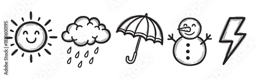 Hand-drawn weather icons set with a sun, cloud, umbrella, snowman, and lightning bolt in a cute doodle sketch style for forecast and climate concepts