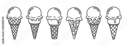 Collection of six hand-drawn ice cream cone icons in a minimalist black outline style, showing single scoops of melting dessert in various waffle cone designs in a row