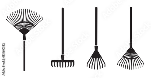 Four black garden rake silhouette icons showing different types of agricultural tools for yard work, including a leaf rake and bow rake, presented as a simple vector graphic set