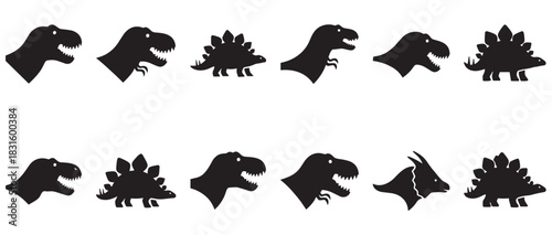Set of twelve black dinosaur silhouettes featuring different prehistoric species like a carnivore and a stegosaurus, arranged in two rows in a minimalist and graphic icon style