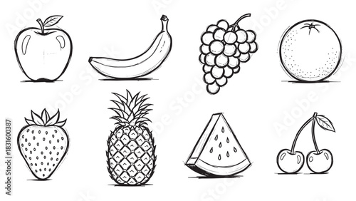 Collection of hand-drawn fruit icons featuring an apple, banana, grapes, orange, strawberry, pineapple, watermelon, and cherry in a simple black and white sketch style