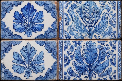 Detailed blue and white traditional Portuguese decorative tiles showcasing floral patterns from the Azulejos tradition, highlighting intricate designs and historical craftsmanship