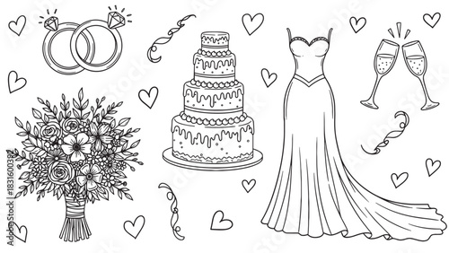 Hand-drawn wedding doodle set with a bridal gown, tiered cake, diamond rings, flower bouquet, and champagne glasses in a romantic black and white line art illustration style