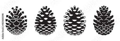 Four black pinecone silhouettes in a graphic illustration set showing different cone shapes for winter and Christmas holiday decoration design, presented in a minimalist style