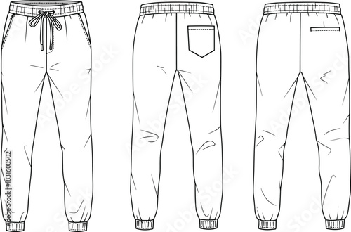 Men’s jogger pants technical flat sketch with drawstring waistband, pocket design, casual wear clothing template, cad drawing flat vector illustration