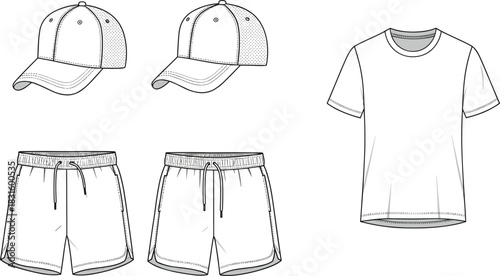 T-shirt, shorts, and baseball cap technical fashion flat sketch for men casual wear outfit design, cad drawing flat vector illustration