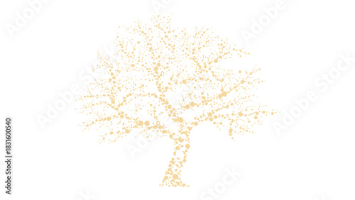 Artistic Tree of Life: An elegant tree silhouette is exquisitely crafted from small, radiant gold particles, symbolizing growth, wisdom, and the interconnectedness of all living things.