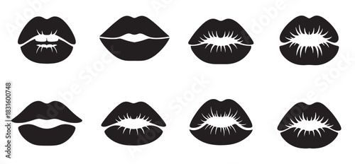 Set of eight black lip silhouettes showing various expressions and shapes in a minimalist graphic style, representing concepts of kissing, beauty, fashion, and sensuality