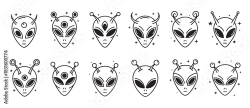 Set of twelve black line alien head icons with various designs, including different eyes, antennae, and horns, illustrated in a minimalist, graphic, and cosmic vector art style