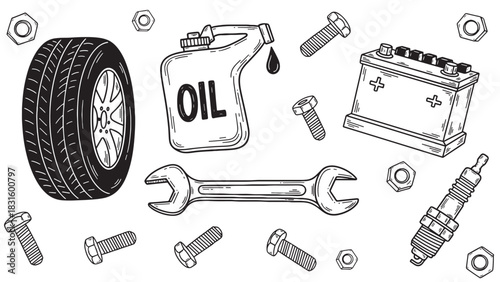 Hand drawn car service parts set with a tire, oil can, battery, wrench, spark plug, nuts, and bolts in a black and white doodle sketch style for auto repair concepts