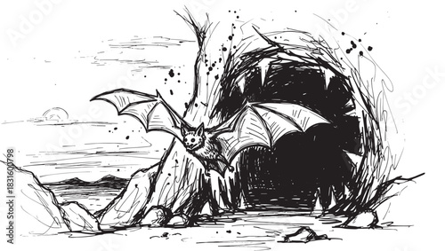 Spooky bat with large spread wings flies from a dark, rocky cave in this mysterious black and white hand-drawn ink illustration with a rough, sketchy style