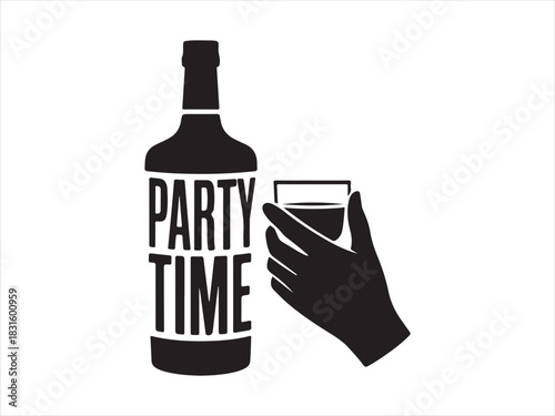 black party time bottle and hand holding glass clip art preview
