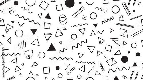 Black and white geometric seamless pattern with chaotic hand-drawn shapes like triangles, circles, and squiggles in a fun, retro Memphis style design creating a dynamic texture