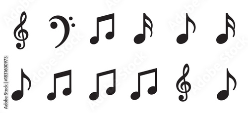Set of black musical notation icons featuring various notes, a treble clef, and a bass clef presented in a simple, flat graphic style representing melody, rhythm, and sound
