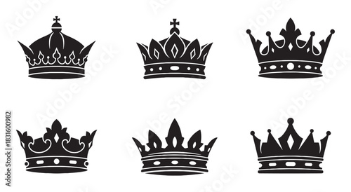 Set of six black royal crowns with various ornate designs, presented as a collection of graphic icons representing heraldry, monarchy, and imperial authority