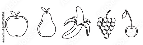 Five fruit line art icons including an apple, pear, banana, grapes, and cherry drawn in a simple black and white minimalist style for healthy eating concepts