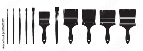 Collection of black paint brush silhouettes of various sizes and shapes arranged in a row, including artist brushes and wide house painting tools for renovation and creativity