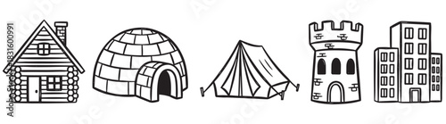 Various types of homes and dwellings illustrated in a simple black outline cartoon style, showing a log cabin, igloo, tent, castle tower, and modern apartment building