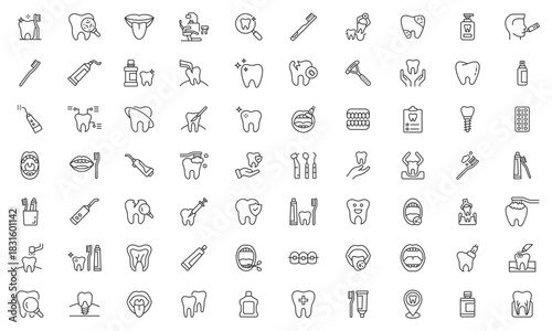 Tooth and Dentistry Vector Icons. Implant, Braces, Veneers, Aligners and Oral Care Line Set