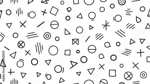 Black and white hand drawn geometric pattern with various abstract shapes, symbols, and doodles in a minimalist, playful Memphis style design creating a chaotic texture