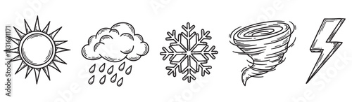 Set of hand-drawn weather icons including a sun, rain cloud, snowflake, tornado, and lightning bolt, all illustrated in a simple black and white sketch doodle style
