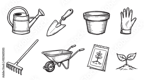 Set of hand-drawn gardening tools including a watering can, trowel, pot, glove, rake, wheelbarrow, seeds, and sprout in a black and white sketch style illustration