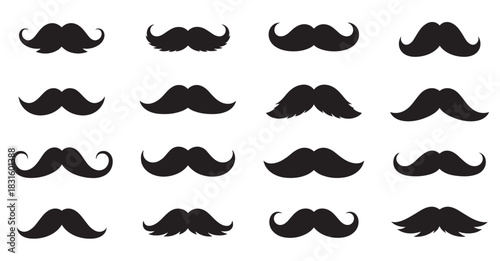 Collection of black mustache silhouettes in various classic and modern styles, showcasing a diverse set of facial hair designs for men's grooming, fashion, and character concepts