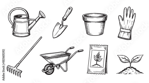 Vintage gardening tools and equipment set drawn in a black and white sketch style, including a watering can, wheelbarrow, rake, trowel, pot, glove, seeds, and sprout