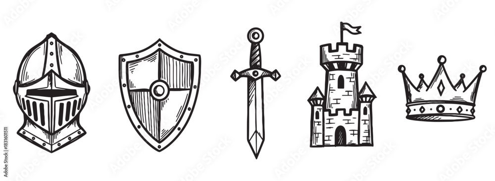 Fototapeta premium Set of five hand-drawn medieval icons including a knight's helmet, shield, sword, castle, and crown in a black and white sketch style illustration for fantasy themes