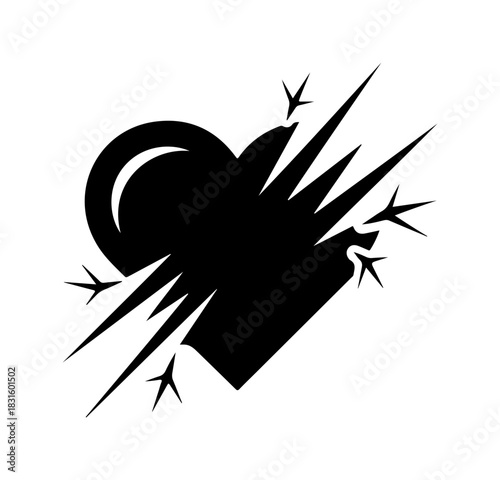 Heartbreak symbol, shattered love, painful loss and grief shown in black graphic