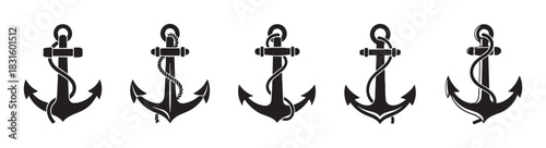 Set of five black anchor icons with ropes in a minimalist silhouette style, representing nautical, marine, and naval themes for graphic design and seafaring concepts