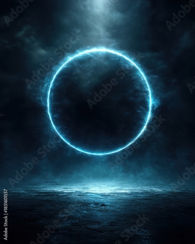 Glowing cyan energy ring with bright halo on dark blue vignette background