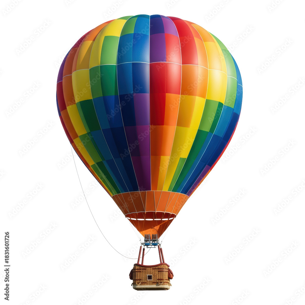 Fototapeta premium a photorealistic majestic hot air balloon featuring vibrant rainbow stripes and a woven wicker basket, isolated on transparent background with copy space. concept of freedom and exploration