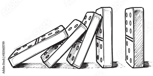 Black and white sketch of dominoes falling in a chain reaction, illustrating the concept of cause and effect, momentum, and consequence in a hand-drawn artistic style