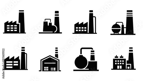 Eight distinct black silhouette icons depicting various industrial factories, plants, and processing facilities with chimneys.