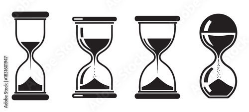 Set of four black hourglass icons in a minimalist vector style, illustrating the concept of time passing with sand flowing through the glass bulbs in different stages