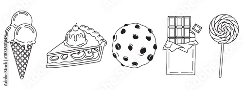 Set of five hand-drawn sweet food icons including ice cream, pie, a cookie, chocolate, and a lollipop in a minimalist black and white line art illustration