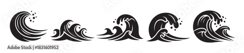 Set of black stylized ocean wave icons in a traditional Japanese art style showing various forms of sea surf, crests, and splashes in a minimalist graphic design collection