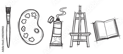 Hand drawn art supplies icon set with a paintbrush, palette, paint tube, easel, and sketchbook in a black and white doodle style illustration for creative projects