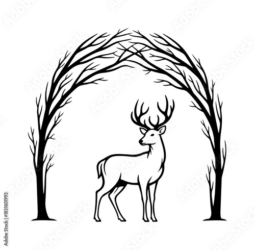 Elegant stag beneath arched branches, a nature scene with serene wildlife flair