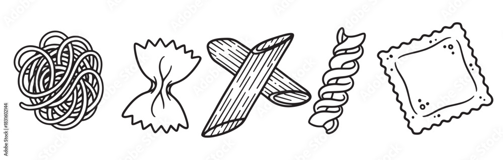 Naklejka premium Collection of five different pasta shapes, including spaghetti, farfalle, penne, fusilli, and ravioli, depicted in a minimalist black outline doodle illustration style