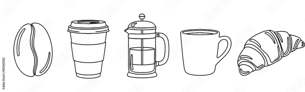 Obraz premium Set of black and white coffee icons including a bean, to-go cup, French press, mug, and croissant in a simple line art style for cafe and breakfast concepts