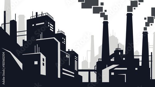 Silhouette of an industrial zone with factories and smokestacks emitting pollution.