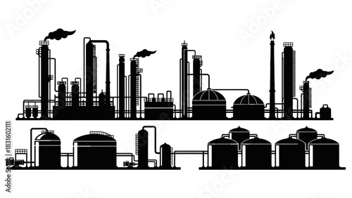 Silhouette of an industrial complex with various towers, tanks, and pipes under a white background.