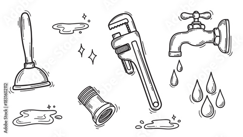 Hand-drawn set of plumbing tools and equipment in a black and white doodle style, including a plunger, pipe wrench, dripping faucet, and water puddles