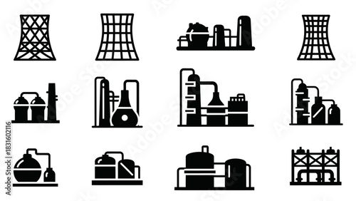 Collection of industrial plant icons, depicting various factory and processing structures.