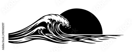 Powerful ocean wave cresting under the sun, dynamic monochrome nautical design